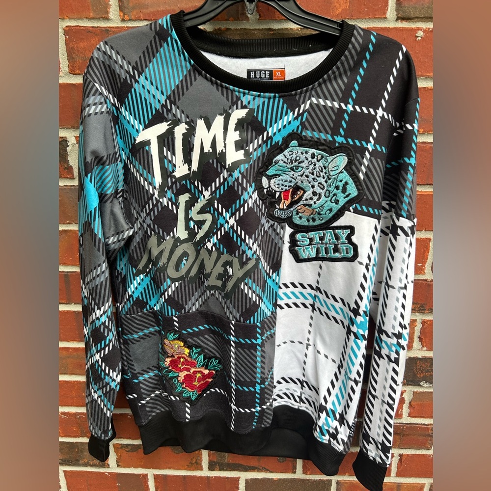 HUGE Fashion Exchange Men’s Pullover Sweatshirt with Patches. Size XL Jaguar